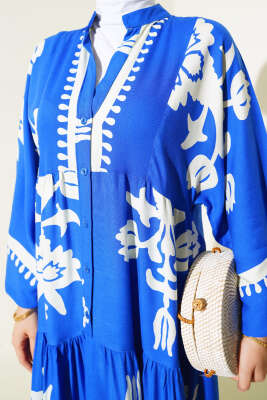 Etnik Desenli Bileği Lastikli Elbise Saks - Tesettür Elbise