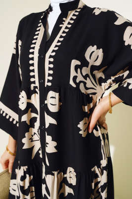 Etnik Desenli Bileği Lastikli Elbise Siyah Latte - Tesettür Elbise