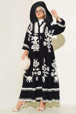 Etnik Desenli Bileği Lastikli Elbise Siyah Taş - Tesettür Elbise