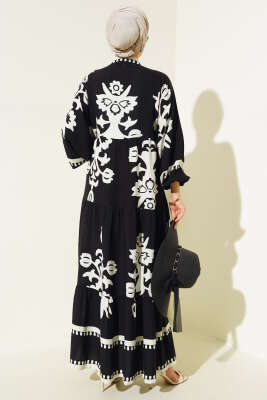 Etnik Desenli Bileği Lastikli Elbise Siyah Taş - Tesettür Elbise