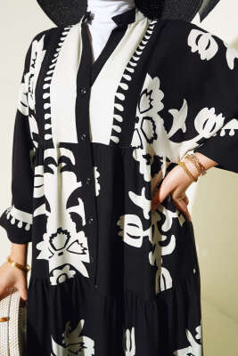 Etnik Desenli Bileği Lastikli Elbise Siyah Taş - Tesettür Elbise