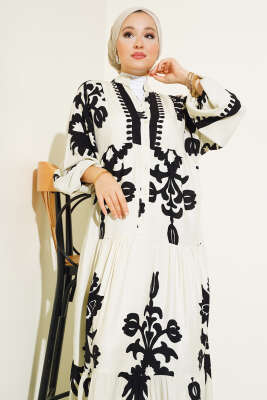 Etnik Desenli Bileği Lastikli Elbise Taş - Tesettür Elbise