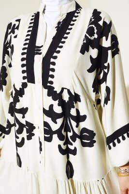 Etnik Desenli Bileği Lastikli Elbise Taş - Tesettür Elbise