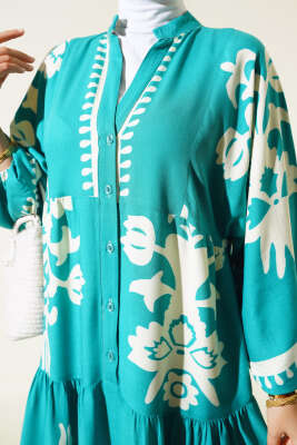 Etnik Desenli Bileği Lastikli Elbise Yeşil - Tesettür Elbise