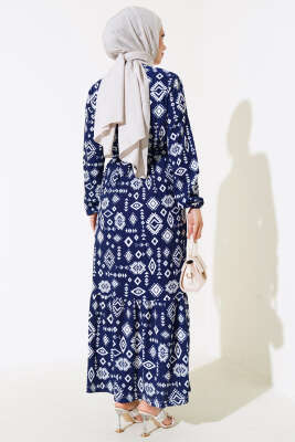 Etnik Desenli Bürümcük Elbise Lacivert - Elbise