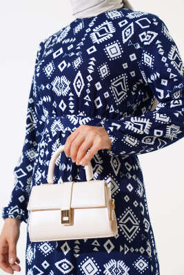 Etnik Desenli Bürümcük Elbise Lacivert - Elbise