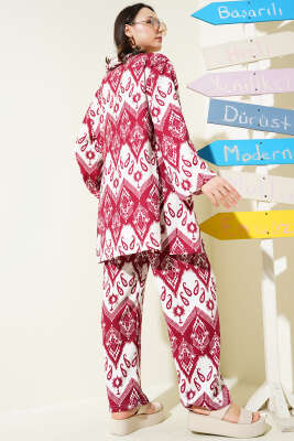 Etnik Desenli Bürümcük Kimono İkili Takım Bordo - İKİLİ TAKIM