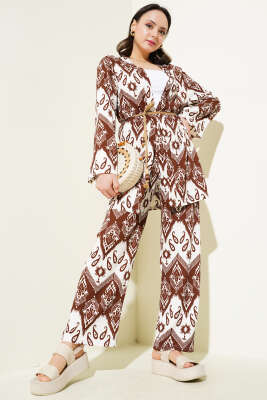 Etnik Desenli Bürümcük Kimono İkili Takım Kahve 