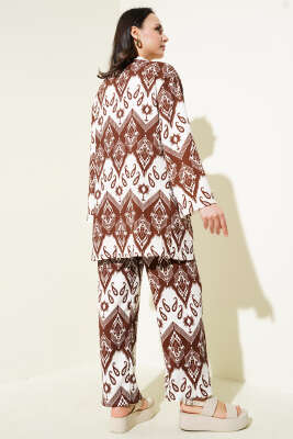 Etnik Desenli Bürümcük Kimono İkili Takım Kahve - İKİLİ TAKIM