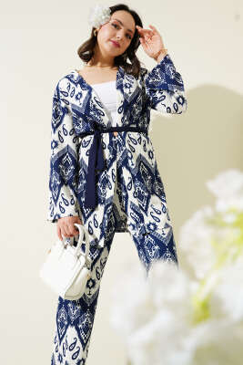 Etnik Desenli Bürümcük Kimono İkili Takım Lacivert - İKİLİ TAKIM