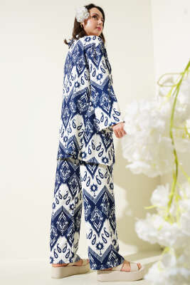 Etnik Desenli Bürümcük Kimono İkili Takım Lacivert - İKİLİ TAKIM