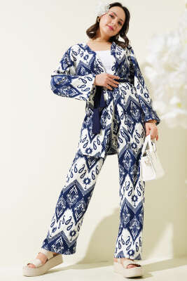 Etnik Desenli Bürümcük Kimono İkili Takım Lacivert 