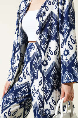 Etnik Desenli Bürümcük Kimono İkili Takım Lacivert - İKİLİ TAKIM