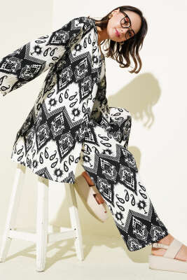 Etnik Desenli Bürümcük Kimono İkili Takım Siyah - ORIGINAL