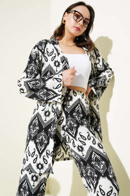 Etnik Desenli Bürümcük Kimono İkili Takım Siyah - İKİLİ TAKIM
