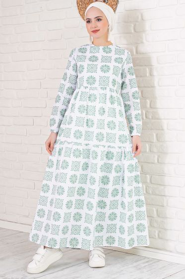 Etnik Desenli Çağla Yeşili Elbise - Tesettür Elbise