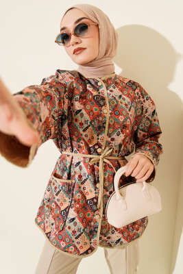 Etnik Desenli Çıtçıtlı Ceket Latte - VAV TEKSTİL