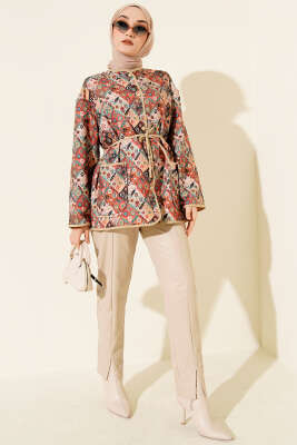 Etnik Desenli Çıtçıtlı Ceket Latte - Ceket