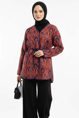 Etnik Desenli Düğmeli Kimono Kiremit - Ceket
