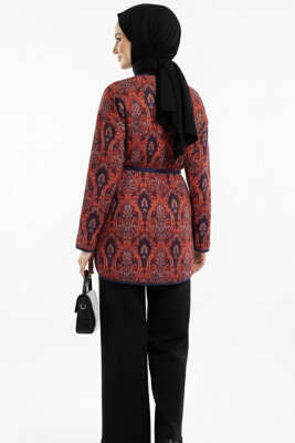 Etnik Desenli Düğmeli Kimono Kiremit - Ceket