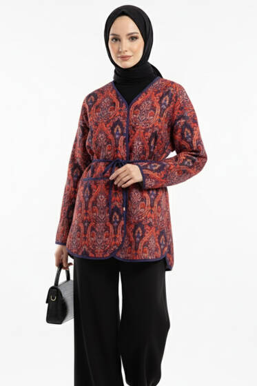 Etnik Desenli Düğmeli Kimono Kiremit - Dış Giyim&Mont