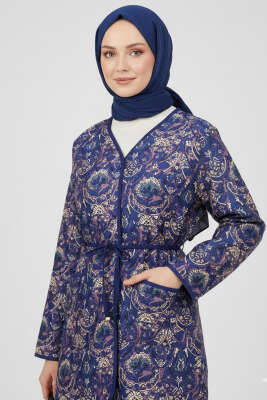 Etnik Desenli Düğmeli Kimono Lacivert 