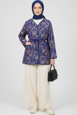 Etnik Desenli Düğmeli Kimono Lacivert - Ceket