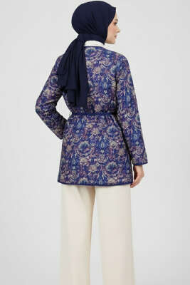 Etnik Desenli Düğmeli Kimono Lacivert - Ceket