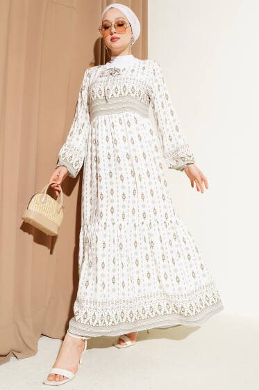 Etnik Desenli Elbise Bej - Elbise