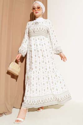 Etnik Desenli Elbise Bej