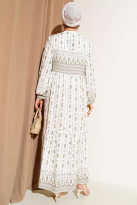 Etnik Desenli Elbise Bej - Tesettür Elbise