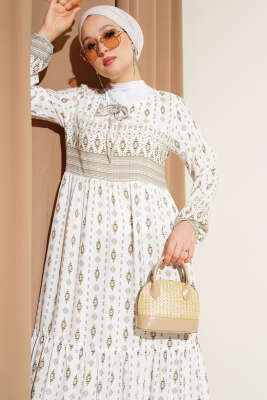 Etnik Desenli Elbise Bej - Tesettür Elbise