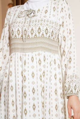 Etnik Desenli Elbise Bej - Tesettür Elbise