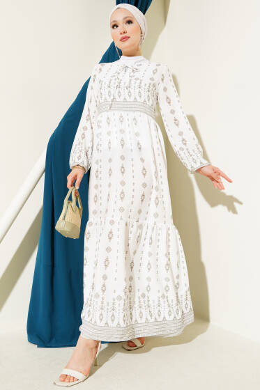 Etnik Desenli Elbise Haki - Elbise