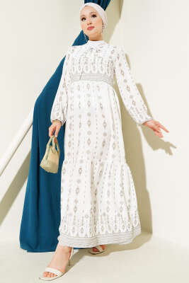 Etnik Desenli Elbise Haki 