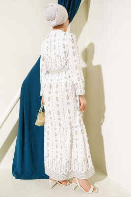 Etnik Desenli Elbise Haki - Tesettür Elbise