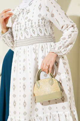 Etnik Desenli Elbise Haki - Tesettür Elbise