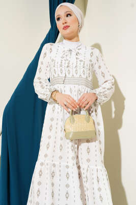 Etnik Desenli Elbise Haki - Tesettür Elbise