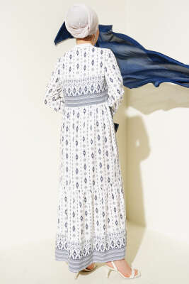 Etnik Desenli Elbise Lacivert - Tesettür Elbise