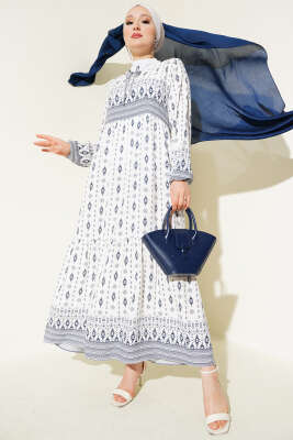 Etnik Desenli Elbise Lacivert 