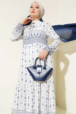 Etnik Desenli Elbise Lacivert - Tesettür Elbise