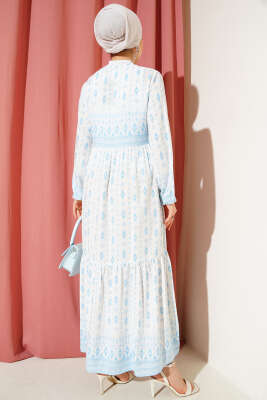 Etnik Desenli Elbise Mavi - Tesettür Elbise