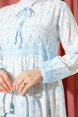 Etnik Desenli Elbise Mavi - Tesettür Elbise