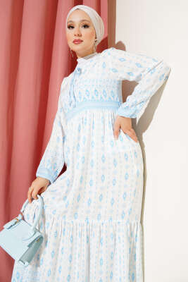 Etnik Desenli Elbise Mavi - Tesettür Elbise