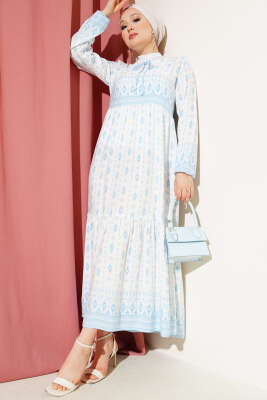 Etnik Desenli Elbise Mavi 