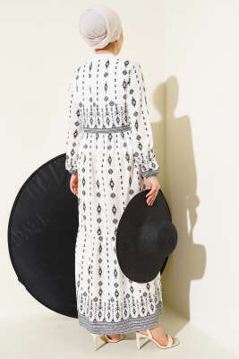 Etnik Desenli Elbise Siyah - Tesettür Elbise