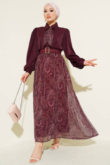 Etnik Desenli Fularlı Etekli Takım Bordo - İkili Takım