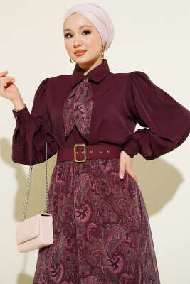 Etnik Desenli Fularlı Etekli Takım Bordo - İkili Takım