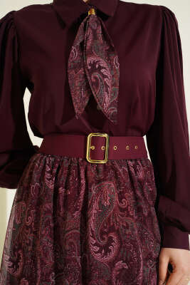 Etnik Desenli Fularlı Etekli Takım Bordo - İkili Takım