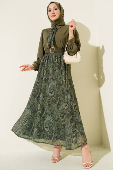 Etnik Desenli Fularlı Etekli Takım Haki - İkili Takım